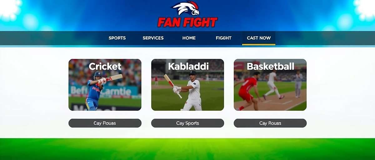 Fan Fight Sports Selection Fan Fight sports selection screen showing cricket, football, kabaddi and basketball options